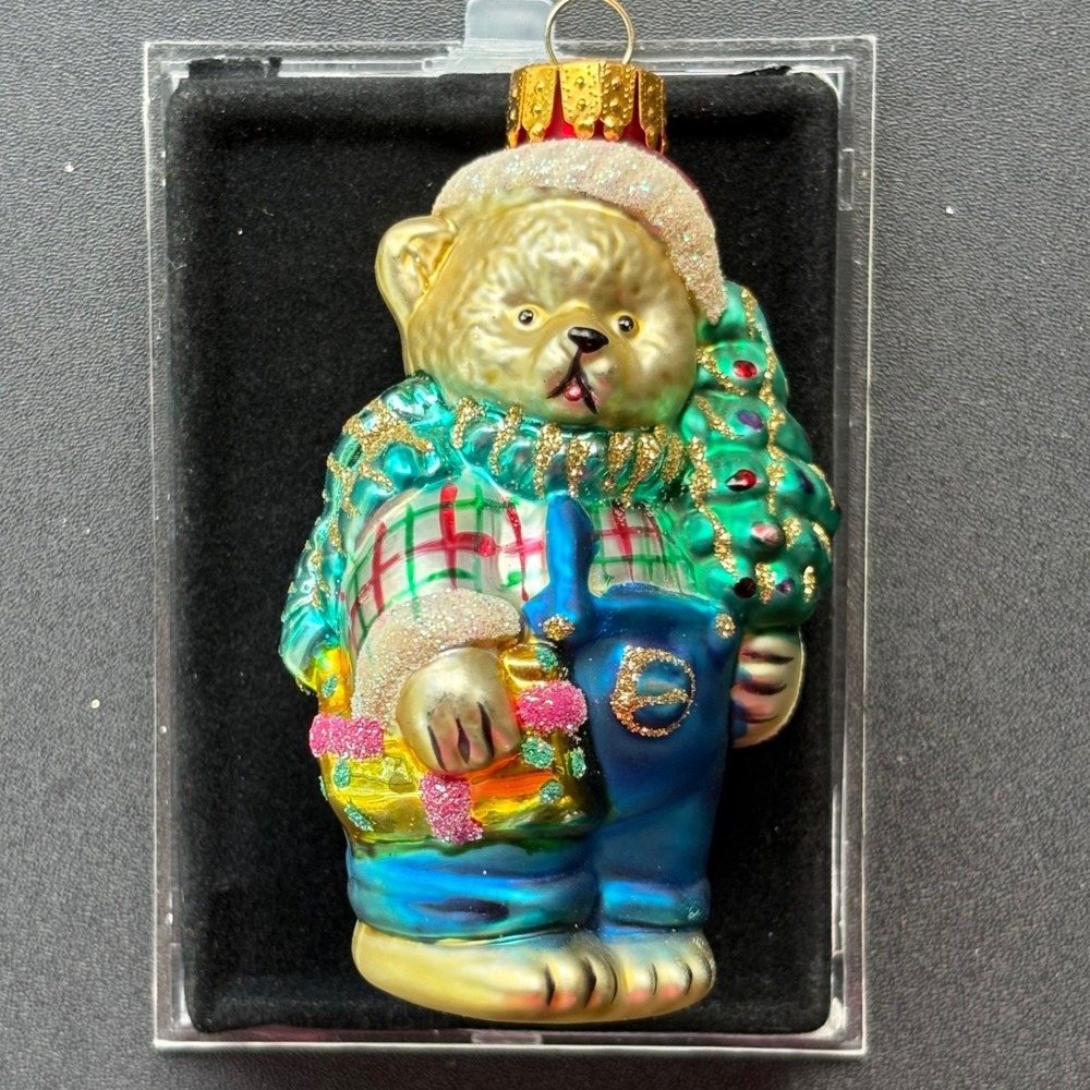 Unique Treasures Hand Crafted Glass Teddy Bear Christmas Ornament Overalls Tree